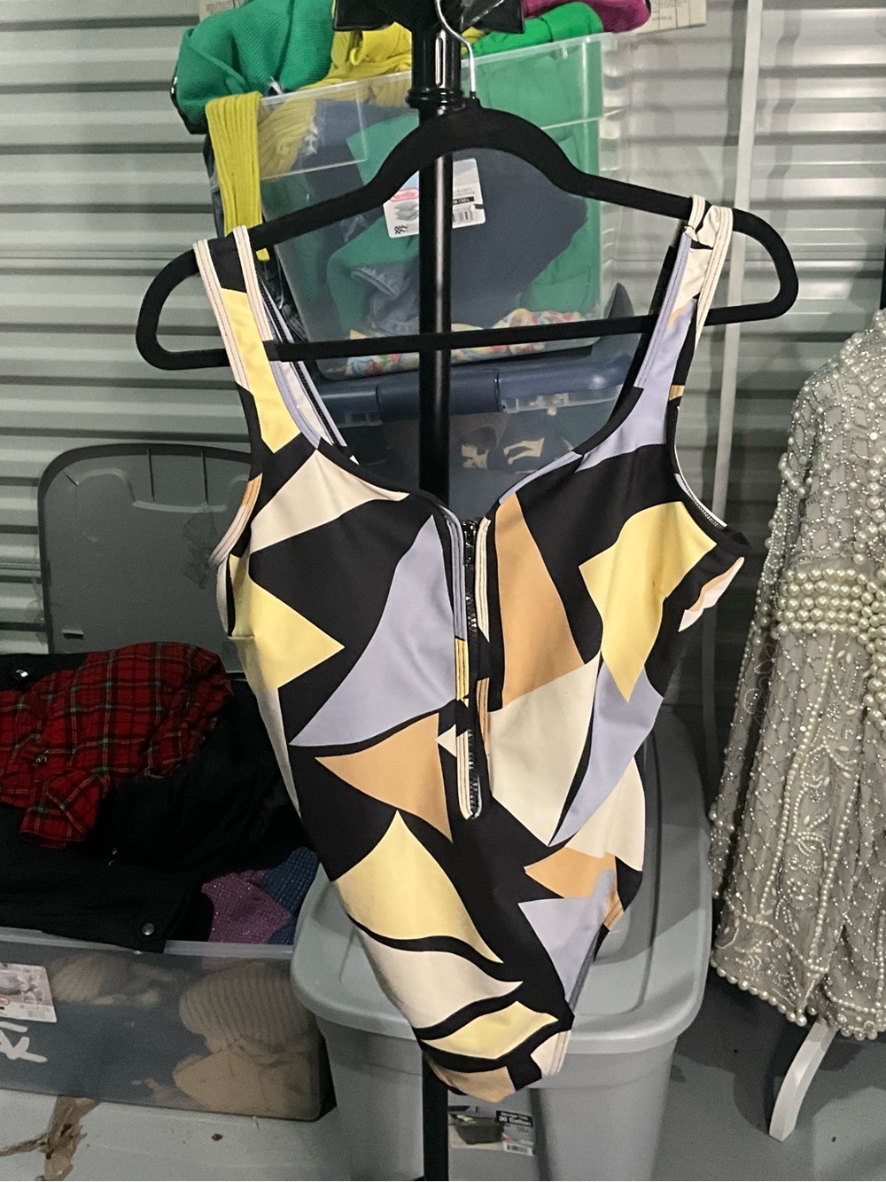 Miraclesuit Geometric Black, Yellow & Cream One-Piece Swimsuit no size tag l/xl?